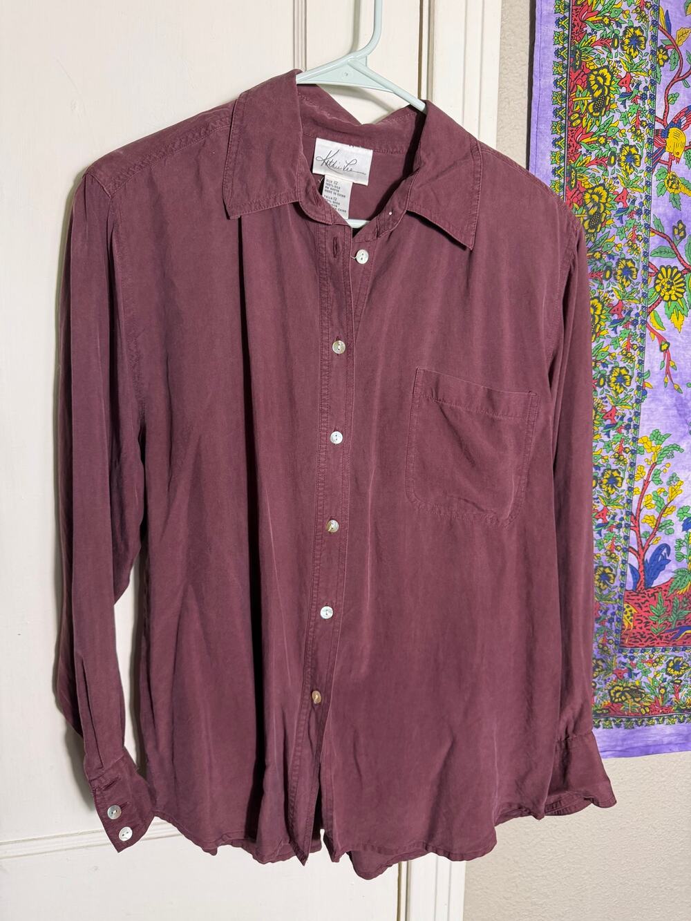 Vintage 90s Kathie Lee 100% Silk Shirt Womens 12 Burgundy Shoulder Pads
